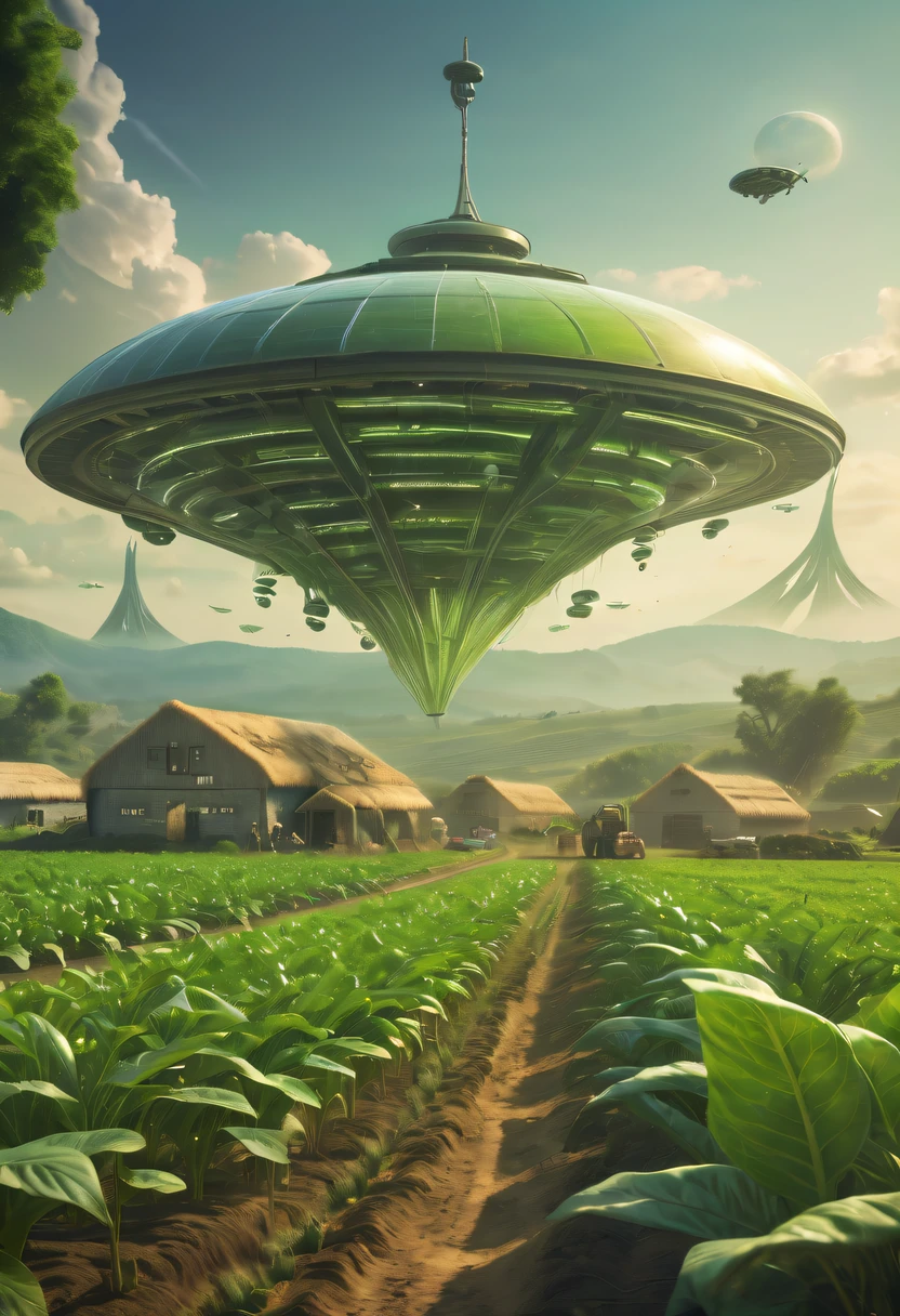Alien farm life,Migrant farmers work happily,exotic crops,spacious farm,labor scene