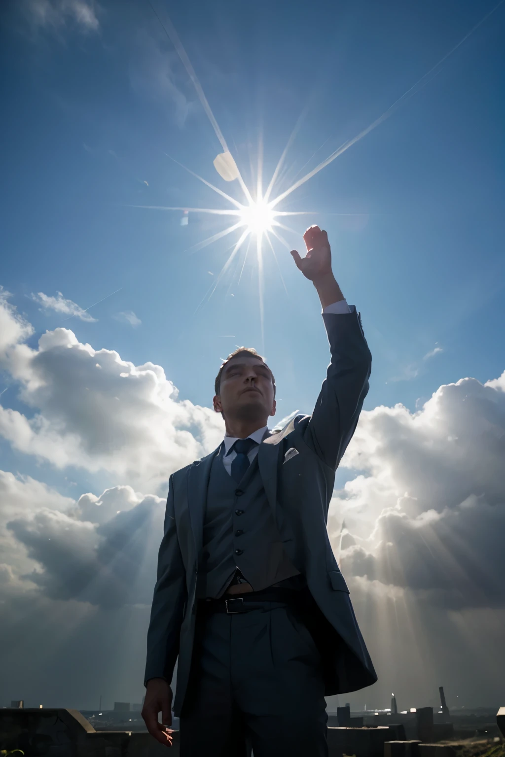 man with hands raised to the sky with rays of light