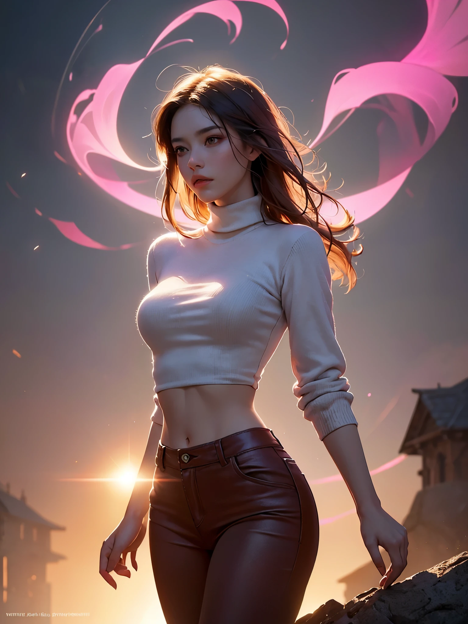 enigmatic atmosphere, atmospheric, ethereal quality,realistic,beautiful and aesthetic,
solo,groin,Pink turtleneck, brown pants,(nsfw:0.85),
Democracy,
power station,
(Glowing ambiance, enchanting radiance, luminous lighting, ethereal atmosphere, mesmerizing glow, evocative hues, captivating coloration, dramatic lighting, enchanting aura),