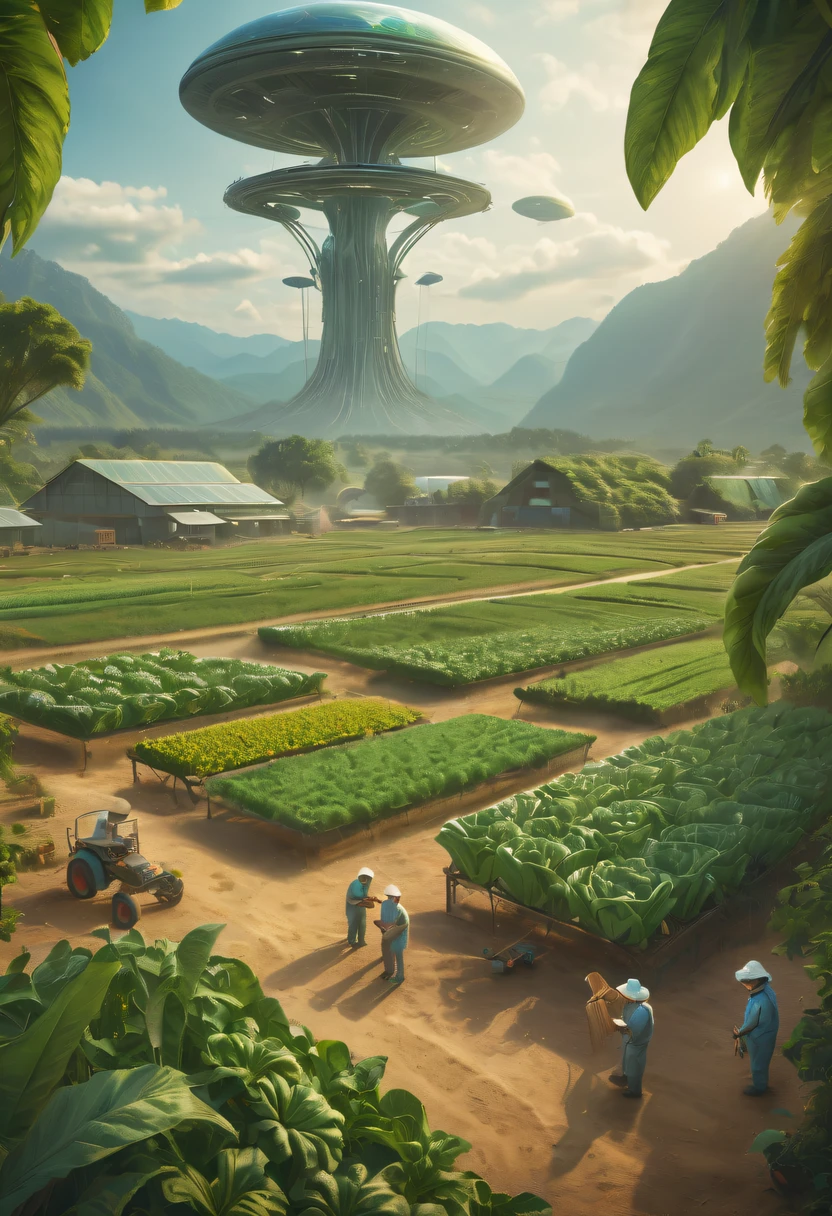 Alien farm life,Migrant farmers work happily,exotic crops,spacious farm,labor scene
