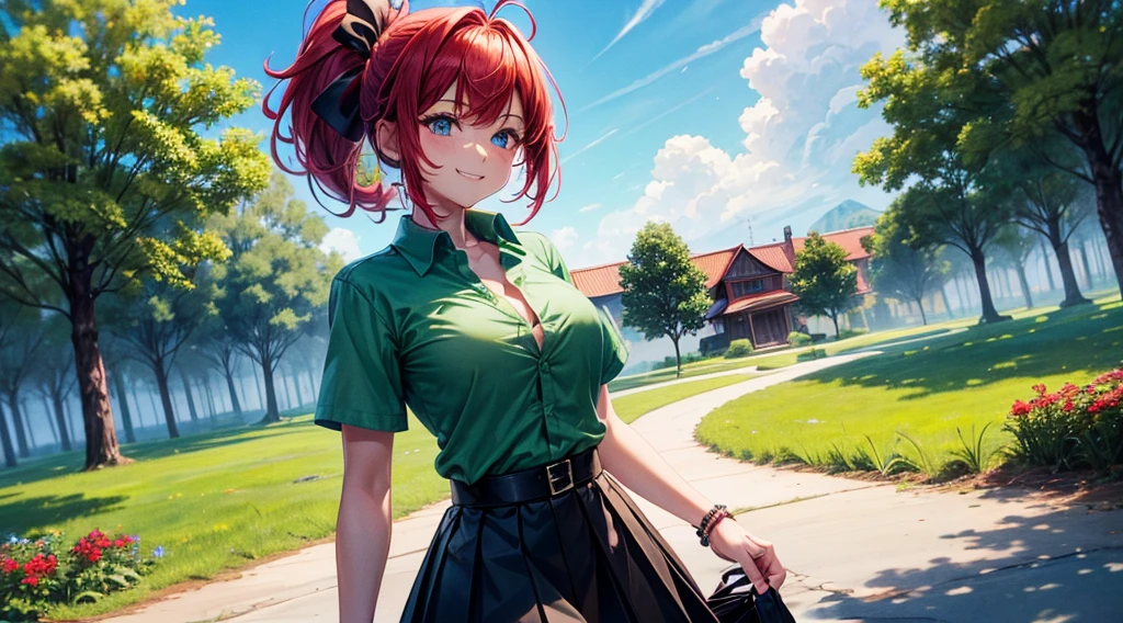 1girl, full body, solo, village, trees, sun, clouds, ((colorful hair)), ponytail, large breasts, button down shirt, ((green shirt)), ((unbuttoned shirt)), blue eyes, ((short sleeved shirt)), ((red and black skirt)), grin, looking at the viewer, ((standng)), hair ribbon, shoulder bag
