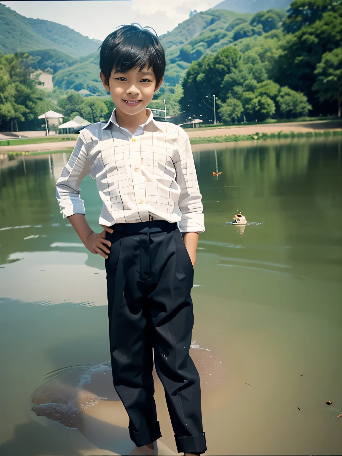 ((masterpiece), (best quality), (raw photo), (photorealistic:1.4), Highly realistic photo, Portrait of a boy 6 year old Vietnamese, ((checkerboard white shirt)), ((black hair)), The light from above shines down, background in forest, photo taken in 1975 by Fujifilm XT3
