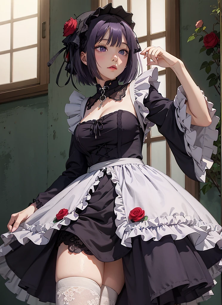 (((Young White Woman))), ((Best Quality)), ((Masterpiece)), (Detail: 1.4), MarinLora, blush, short hair, black hair, hair ornament, thighhighs, long sleeves, dress, purple eyes, purple hair, flower, pantyhose, hairband, frills, hair flower, wide sleeves, apron, black dress, , rose, floral print, lace, ****ta fashion, gothic ****ta (High dynamic range)