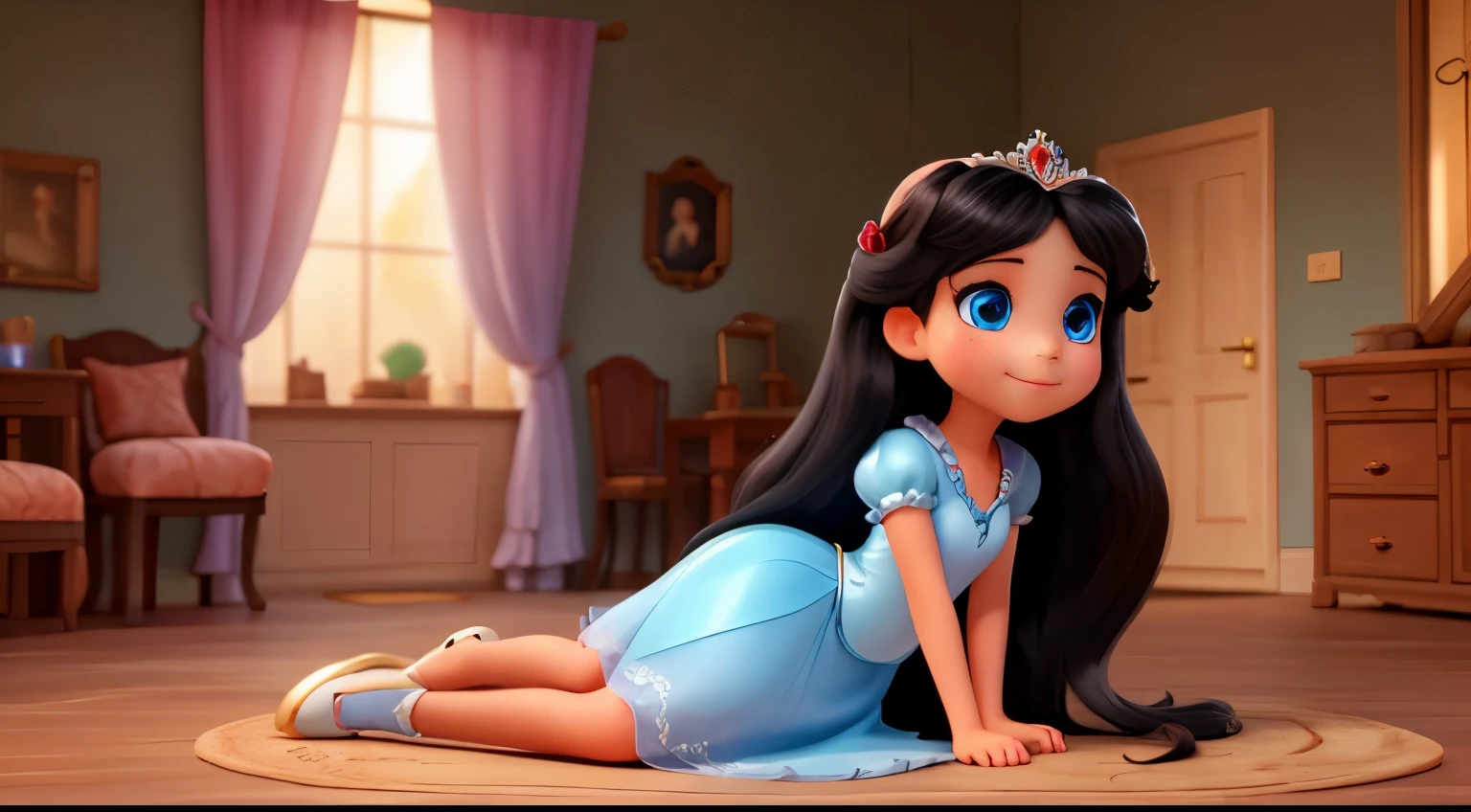 the good princess has long black hair, blue eyes, fair skin,  She is putting on a glass slipper