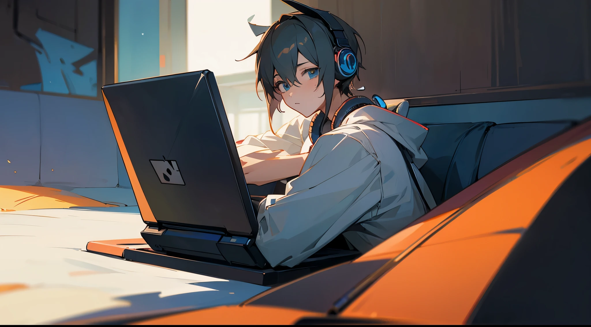 anime boy with headphones sitting at a table with a laptop, ,fullhd,