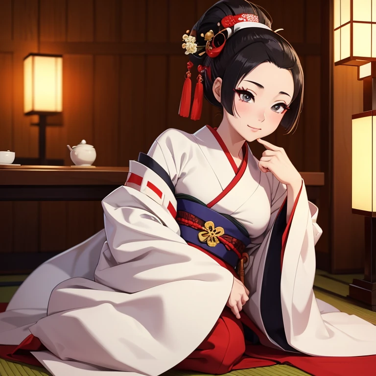 Anime image of a Japanese Geiko Geisha who has a traditional shimada hairstyle and is in a traditional Japanese room