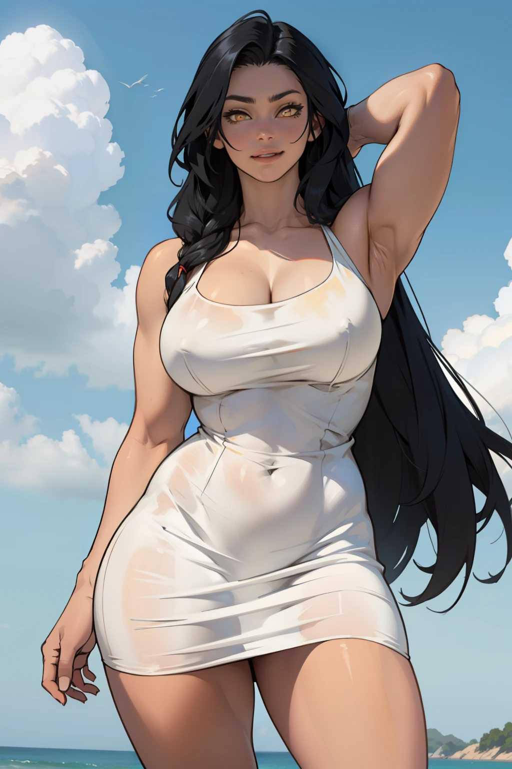 muscular huge breasts thick sunny sky clouds black hair yellow eyes sundress black hair yellow eyes pale skin solo joyful long straight hair long straight hair long straight hair long straight hair long straight hair long straight hair