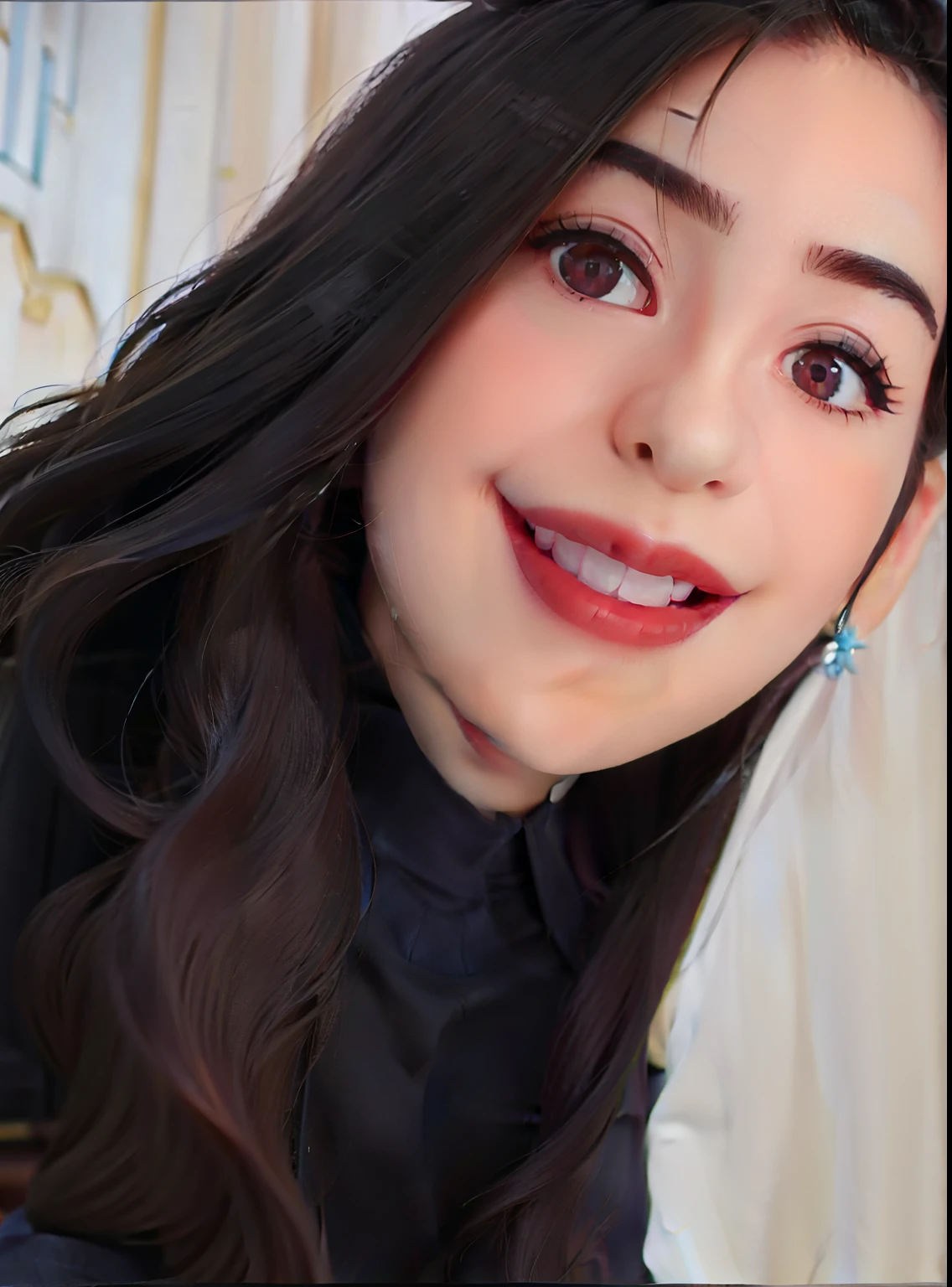 there is a woman with long black hair smiling at the camera, Directed by: Nandor Soldier, Alanis Guillen, imagem de perfil, imagem de qualidade muito baixa, by Gina Pellón, cheeky smile with red lips, foto de perfil headshot, com um lindo sorriso, 💋 💄 👠 👗, Ayahausca, by Amelia Peláez