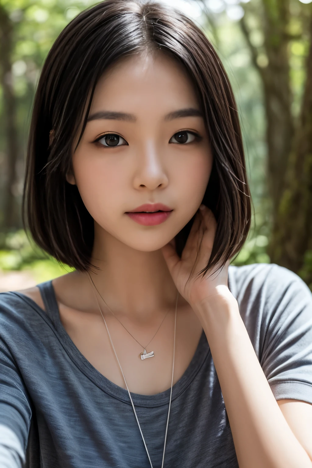 Female, Asian descent, midday forest setting, hand shading eyes, shoulder-length black hair, white crew-neck shirt, pendant necklace, natural makeup. Photographed with DSLR, likely Canon/Nikon, ISO 100, aperture f/2.8 for subject focus and background bokeh, fast shutter speed, overhead sunlight creating soft shadows and dappled light effect, white balance set for daylight to capture true colors, tall eucalyptus trees with soft-focus greenery in the background.,