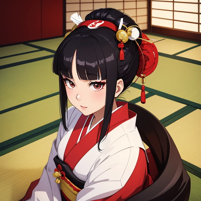 Anime image of a Japanese Geiko Geisha who has a traditional shimada hairstyle and is in a traditional Japanese room