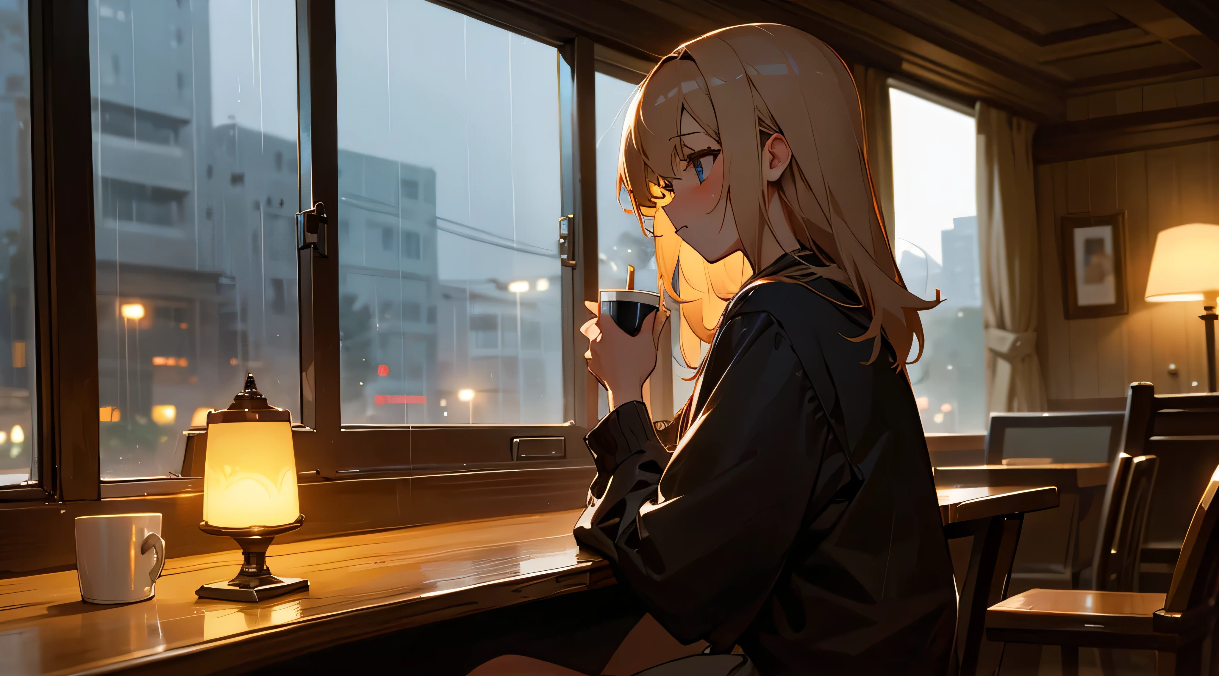 Beautiful anime style woman sitting in a vintage cafe working on her laptop and drinking coffee, Moody Lighting, Escuro, Noite, chuva fora de uma grande janela, altamente detalhado, FullHD, ambient lighting