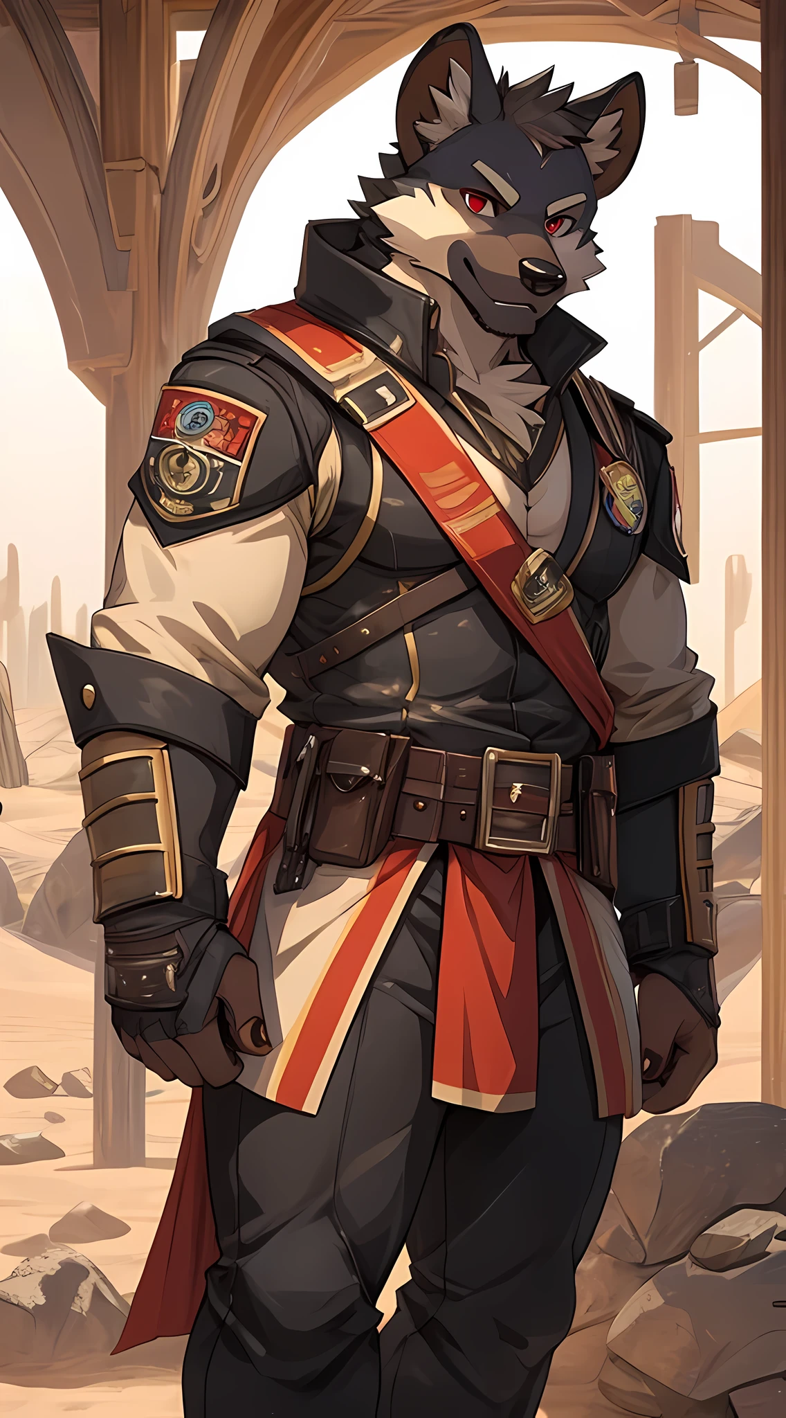Furry,solo,Hyena,Red eyes,Wearing a desert soldier's uniform,Looking straight at the viewer