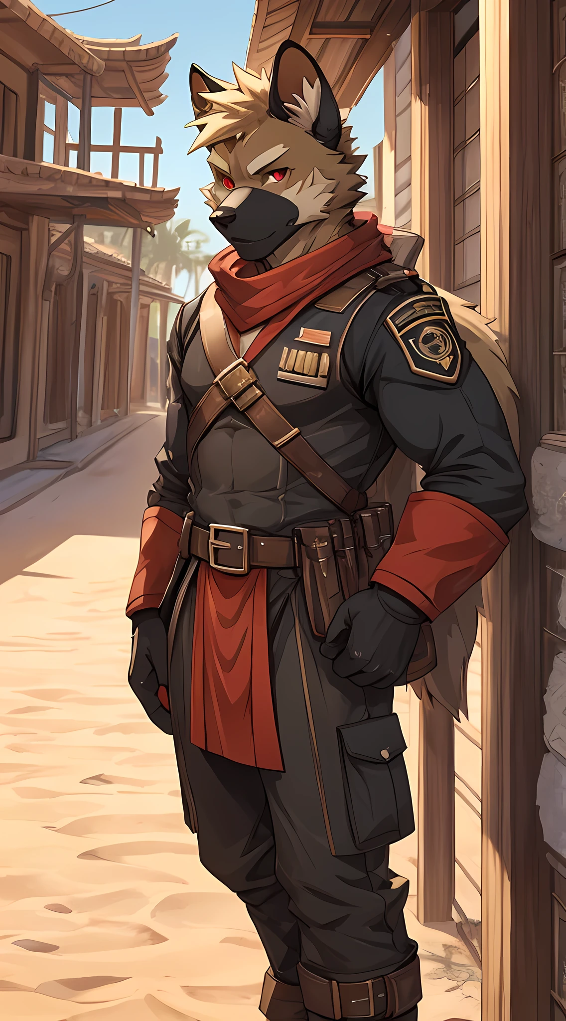 Furry,solo,Hyena,Red eyes,Wearing a desert soldier&#39;s uniform,Looking straight at the viewer