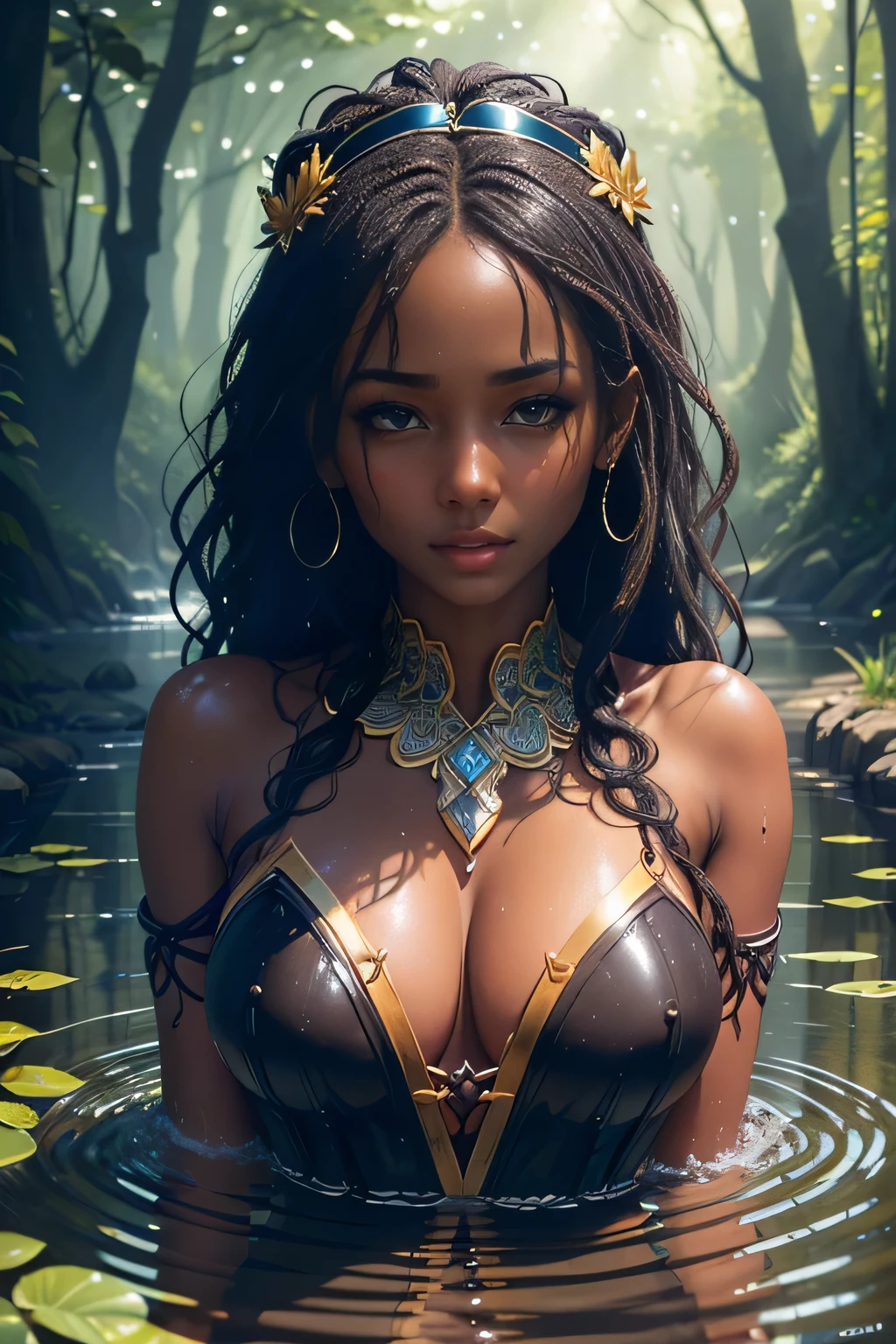 a river godessw, (8k, RAW photo, top quality, masterpiece: 1.2), (realistic, photorealistic: 1.37),, wet hair, wet face, wet clothing, beautiful,(a view from below that shows a river black african american godess head out of water in the river and in the background the magical forest in the water, diving, submerged, woods, night, rain, wet, sunbeams, professional lighting, , crown of branches, leaves, water, natural pond, stones, physicased rendering, beautiful, high quality photo, high resolution, 1080p, (clear face), (detailed facial description), (detailed hand description), (masterpiece), (elaborate CG), extreme light and shadow,, masterpiece, rich detailine facial features), (highest quality photo), (masterpiece), (detailed eye), look in front of your eyes, kissing face, attractive african goddess , dark skin, tied hair with hair band, , only head