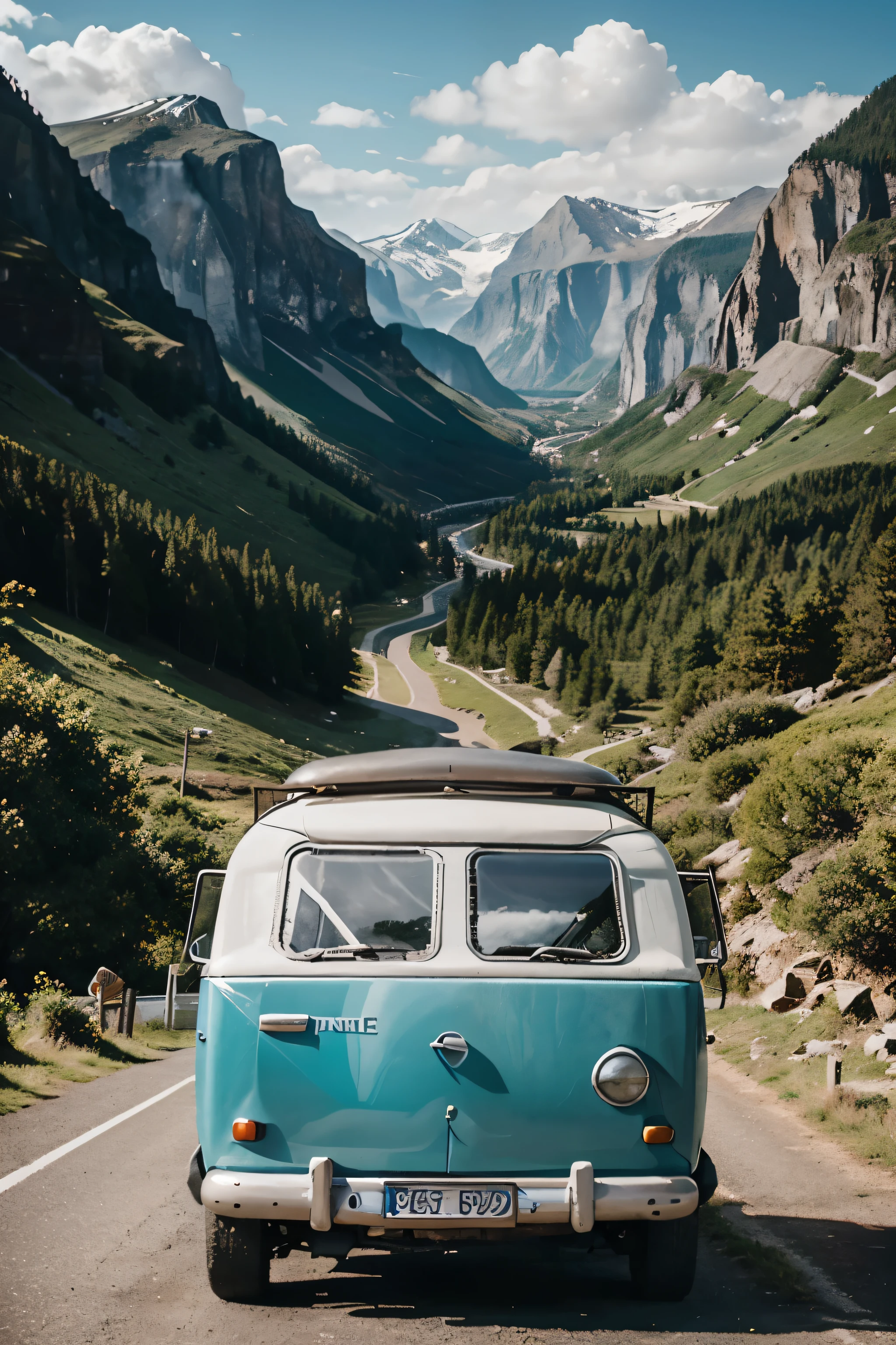 Retro Van Life Adventure: A nostalgic illustration of a vintage camper van parked amidst a scenic landscape, evoking a sense of freedom and adventure
