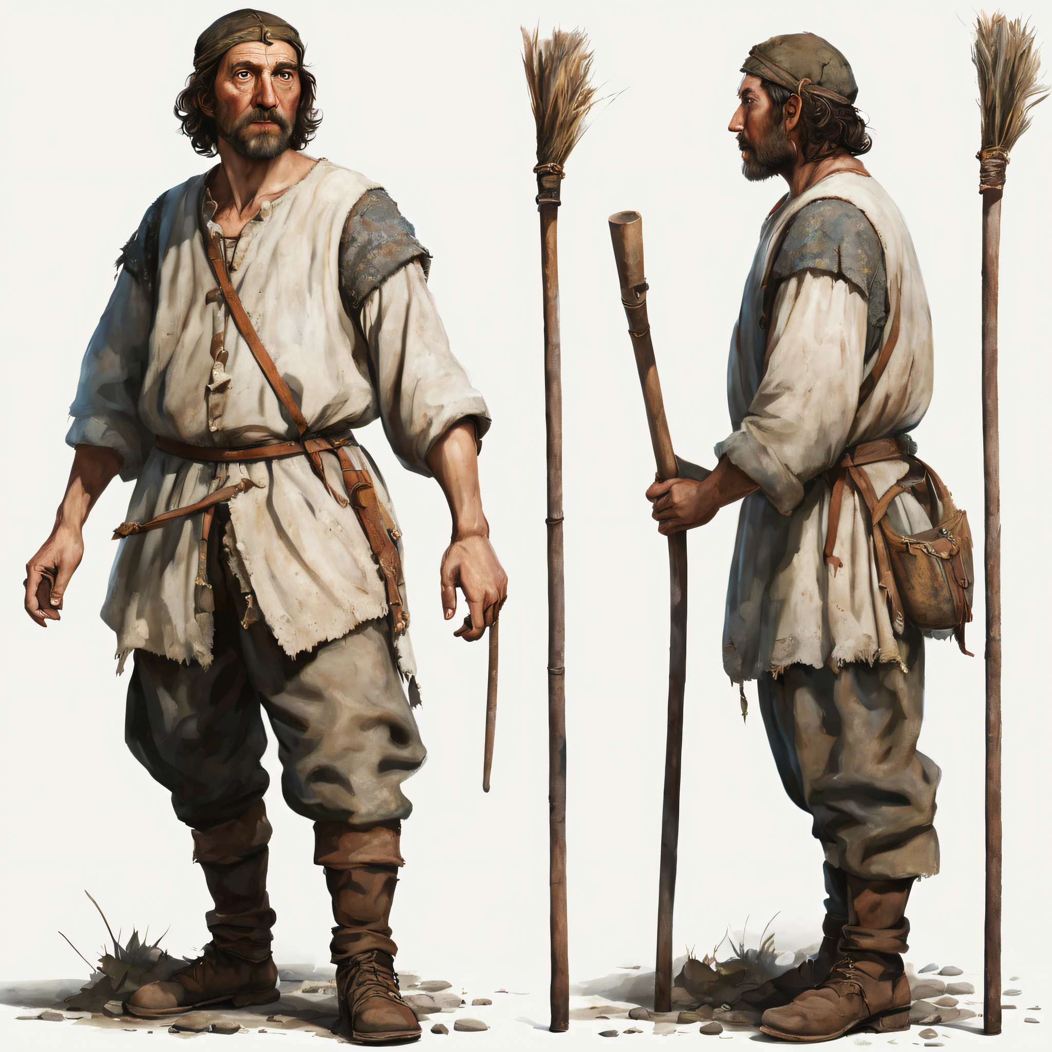 (((masterpiece))), (((highest quality))), front view and back view of a dirty medieval peasant holding a stick, wearing torn clothes, white background, full body, best quality, highly detailed, matching outfit, multiple views of the same character in the same outfit