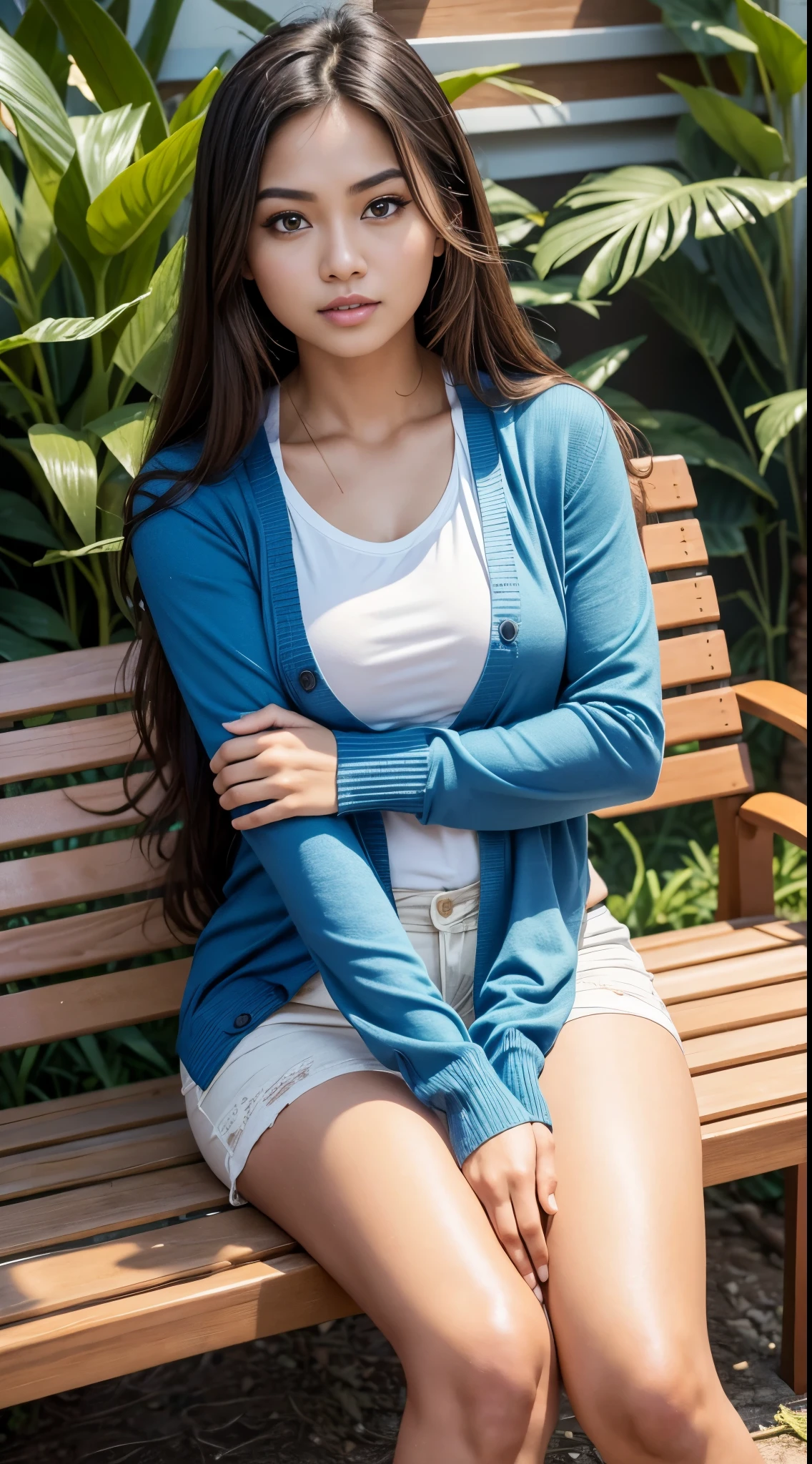 RAW, Best quality, high resolution, masterpiece: 1.3), beautiful Malay woman,Masterpiece, perfect fit body, big breast, big gorgeous eyes, Soft smile, brown long hair, woman sitting on a bench next to a bambo plant, wearing (Cardigan、Blue T-shirt:1.2),Excellent lighting, Bright colors, Clean lines