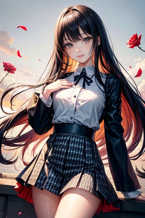 Beautiful Japan woman, nice perfect face with soft skin, small face with nose and rose-like lips, beautiful eyes, beautiful smile. Black, thin and long beautiful hair bathed in a bright etheric shine. Gradient highlight greige layer loose fluffy medium hairstyle, navy band collar shirt× houndstooth yellow flared skirt, bright neon colorful background, super realistic woman photo, high quality High Resolution 8K masterpiece