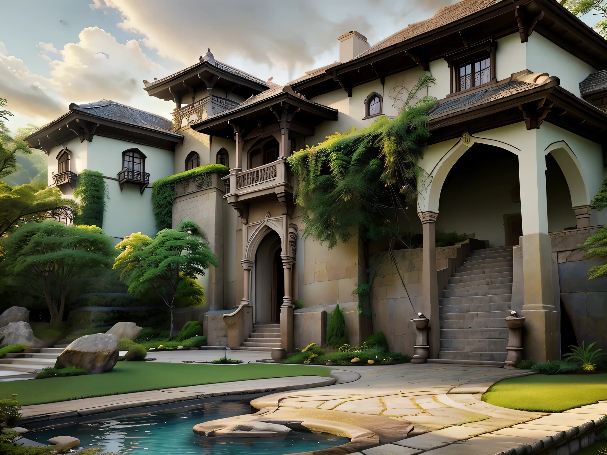 fantasy00d,house,driveway,house,driveway,(masterpiece), (detailed), (intricate details), (realistic:1.4),photo, Fujifilm,16k,fantasy,sunrise,castle,waterfall,tower