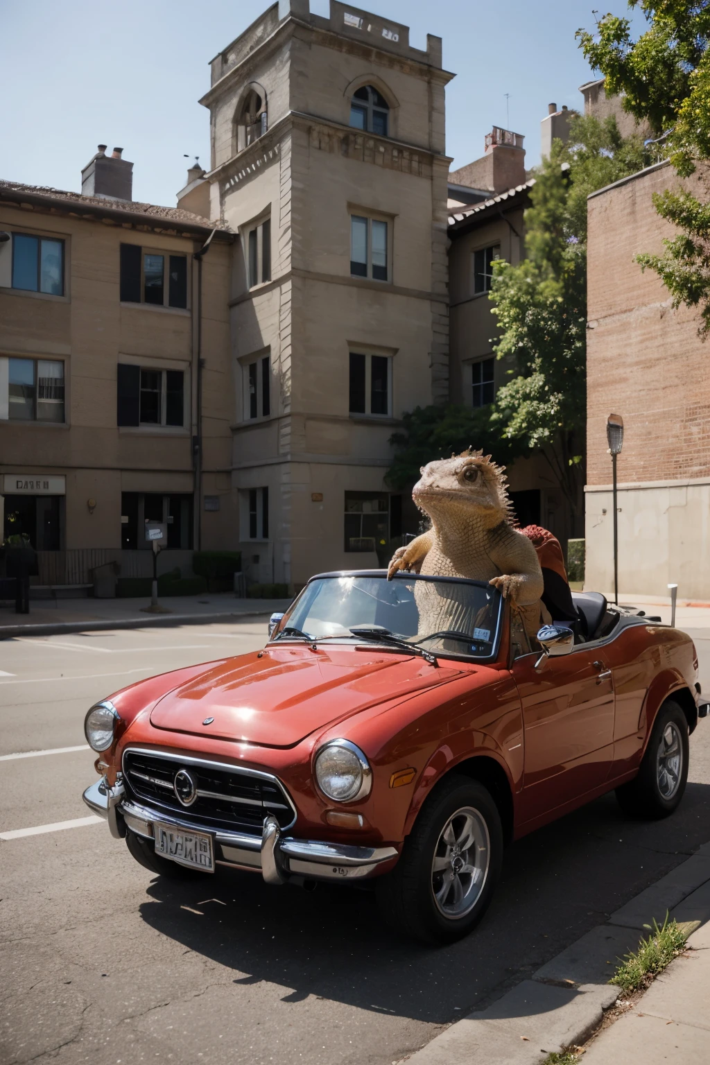 Bearded dragon driving a cool red car