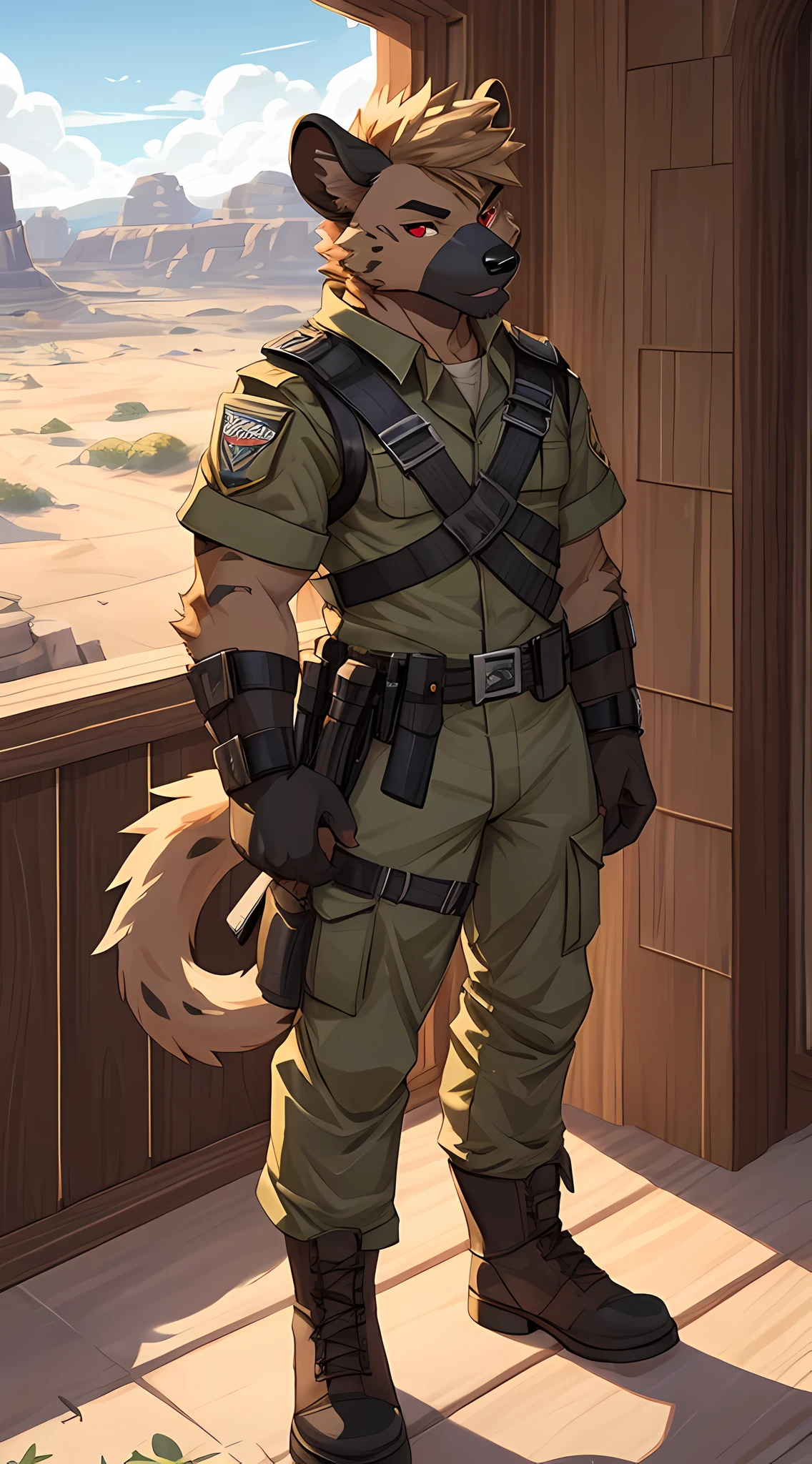 Furry,solo,Hyena,Red eyes,Wearing a desert soldier's uniform,Looking straight at the viewer