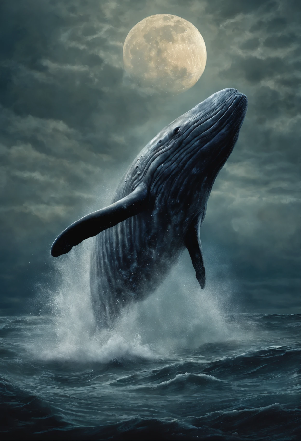 Huge gray whale (anatomically correct drawn body) , lets out a fountain, full moon, a starry sky, Raging Ocean, Magnetic storms, Jean-Baptiste Monge, anthropomorphic --ar 2:3 --testp -optimistic;