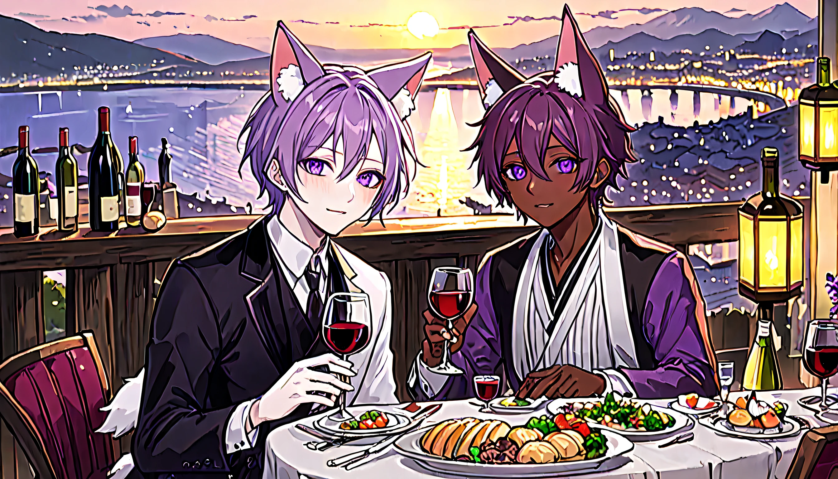 ((1man, short lavender hair, cat-ears, dark skin, cat-like purple eyes)). (1man, (long wine hair, white skin), rabbit-ears, and green eyes). Both are dressed in formal Japanese attire, two friends enjoying a having a joyful evening banquet with a view of the sea in the (city of Kugane from Final Fantasy 14). best quality, masterpiece, ultra-detailed, 8k.