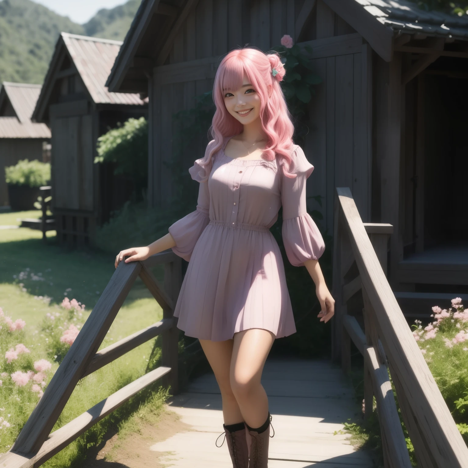 straigh hair, pink hair, pretty face, smiling