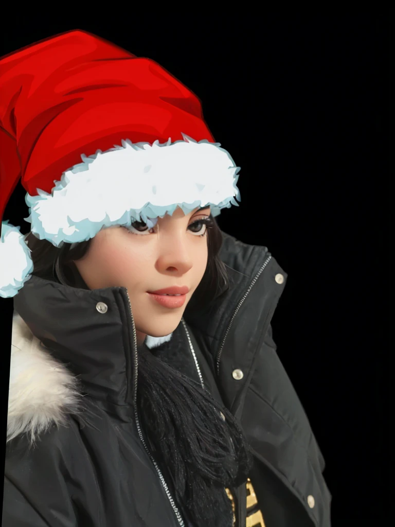Mujer de piel morena oscura latina, with a Santa hat, un abrigo de invierno color negro , sentada de perfil y en el background images de navidad