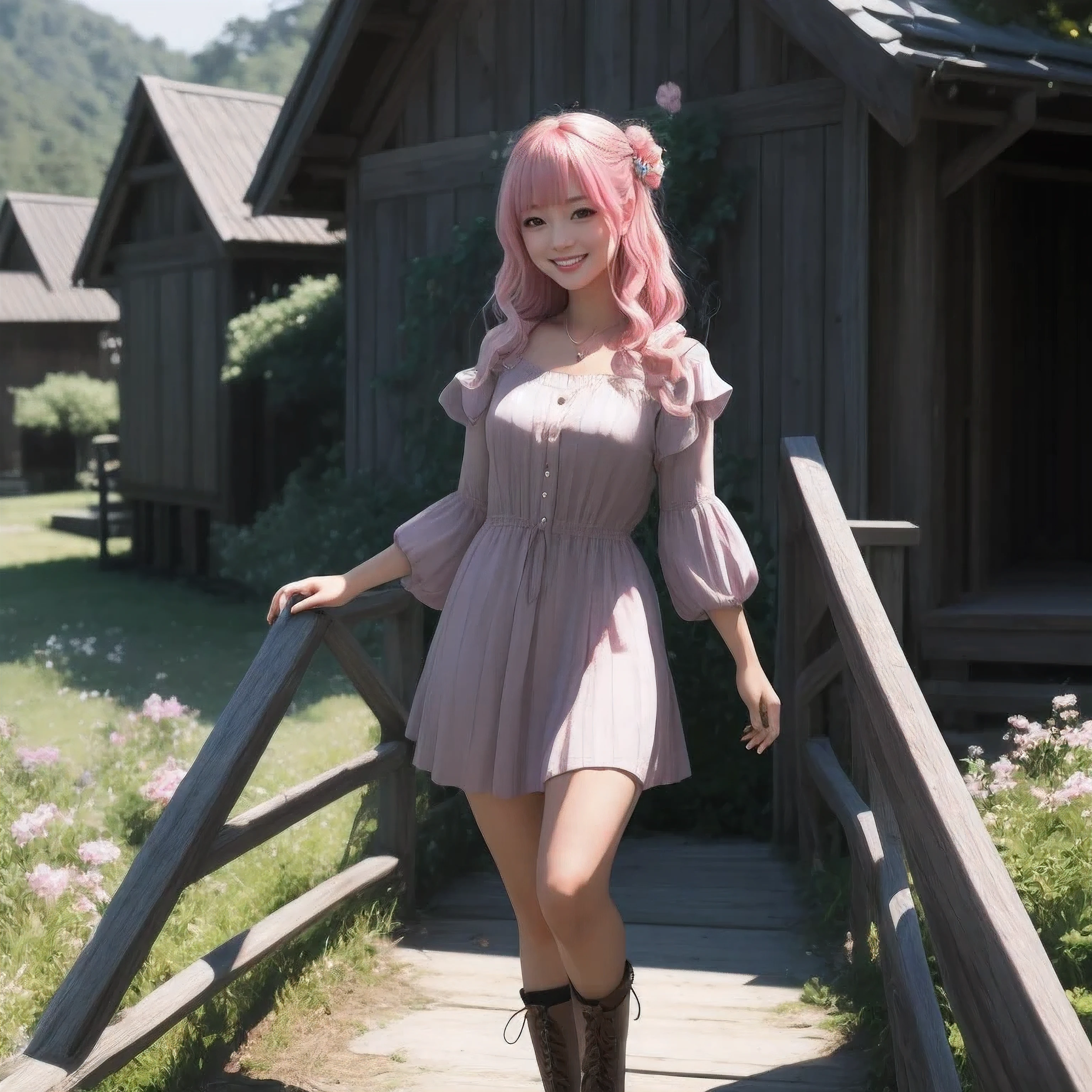 straigh hair, pink hair, pretty face, smiling
