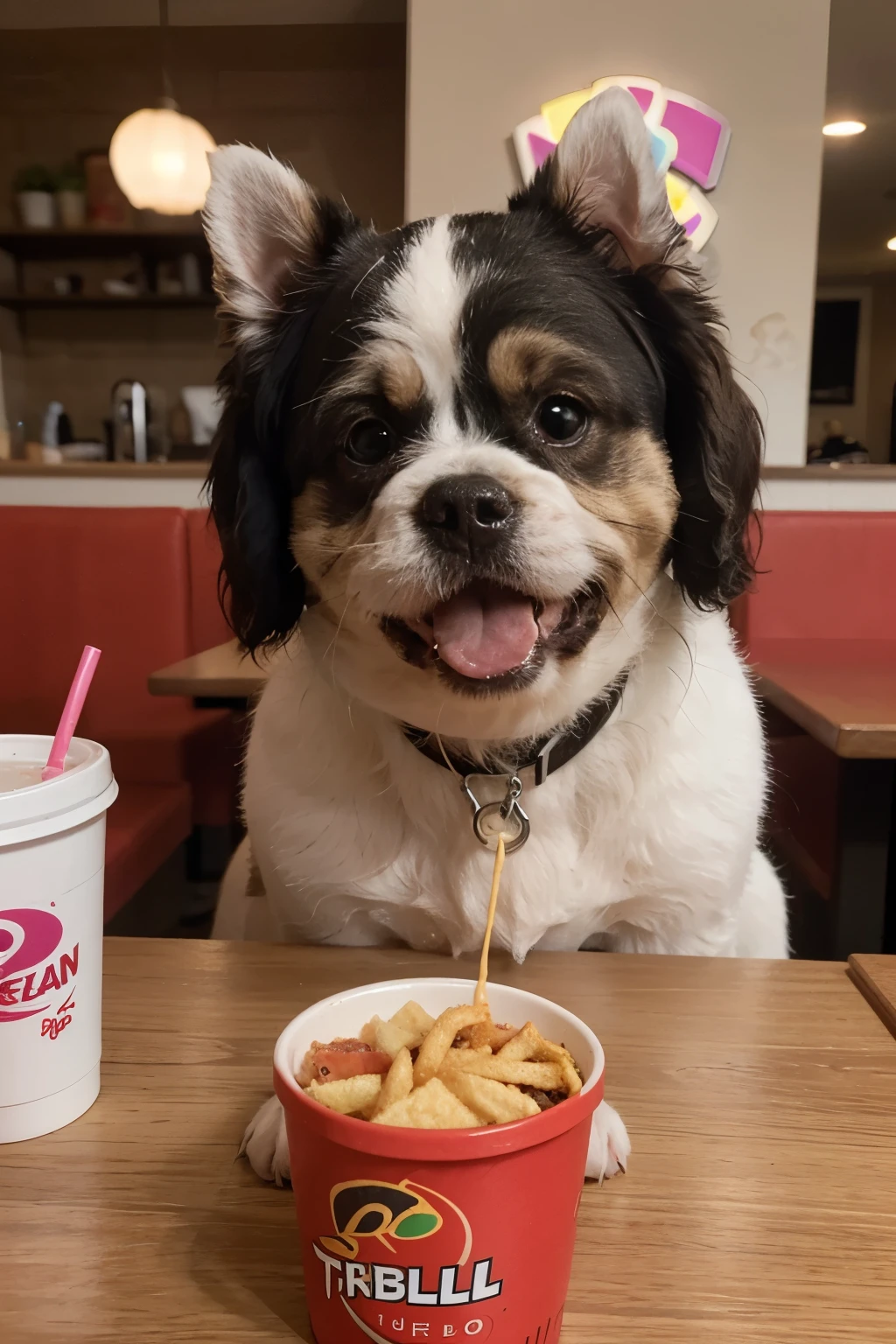 A brown and white shi tzu at Taco Bell eating