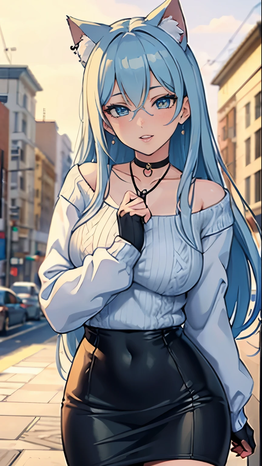 Masterpiece, beautiful art, professional artist, 8k, art style by sciamano240, very detailed face, very detailed hair, very detailed clothes, 1girl, perfectly drawn body, beautiful face, long hair, light blue hair , very detailed blue vertical cat eyes, square glasses, pouty lips , rosey cheeks, intricate details in eyes, extreme close up of face, see only head and neck, staring directly at viewer, wearing cute winter clothes, winter coat, sweater,necklace, choker, earrings, gloves, pencil skirt, black tigh boots, stockings,some freckles, big wide grin, in love with the viewer expression, morning winter setting, pov standing outside with viewer,