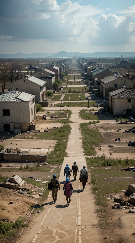 Group of survivors walking through a baron wasteland