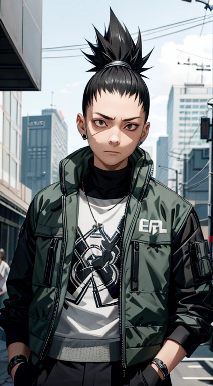 Masterpiece, 1boy, Superb Style, cyberpunk style, Streetwear clothes, Outdoor, Upper Body, Shikamaru nara, bright eyes, black hair, cool boy