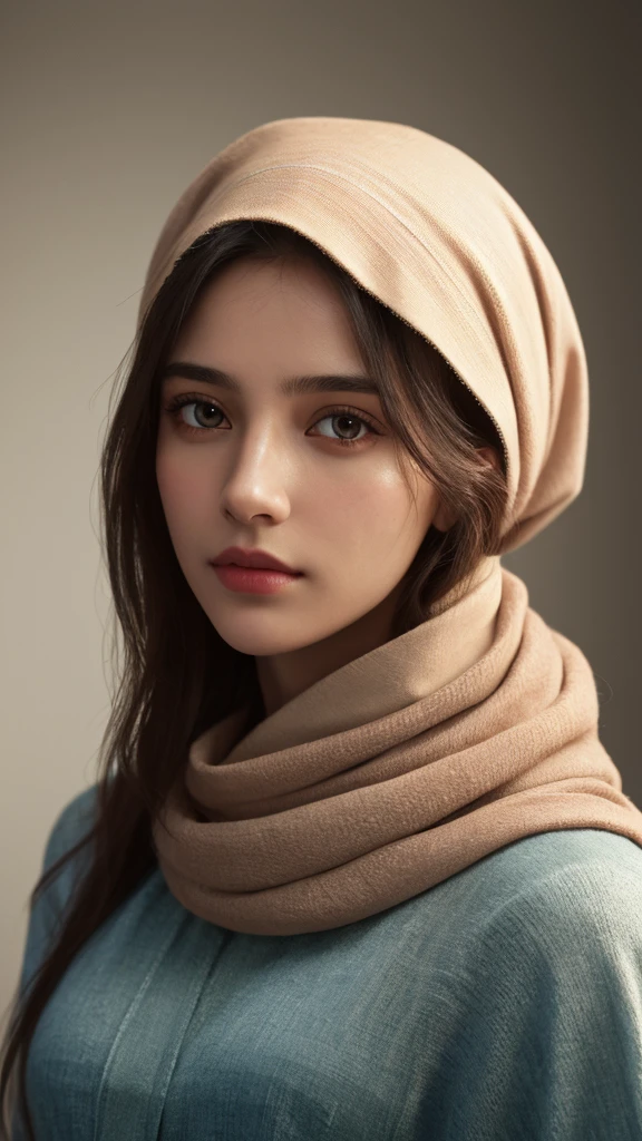 a photorealistic portrait of a stunningly beautiful woman without make-up, extremely detailed light hazel eyes, detailed symmetric realistic face, natural skin texture, extremely detailed skin with skin pores, peach fuzz, messy hair, wearing shawl over her head, masterpiece, absurdres, award winning photo by lee jeffries, nikon d850 film stock photograph, kodak portra 400 camera f1.6 lens, extremely detailed, amazing, fine detail, rich colors, hyper realistic lifelike texture, dramatic lighting, unrealengine, trending on artstation, cinestill 800 tungsten, looking at the viewer, photo realistic, RAW photo, TanvirTamim, high quality, highres, sharp focus, extremely detailed, cinematic lighting, 8k uhd