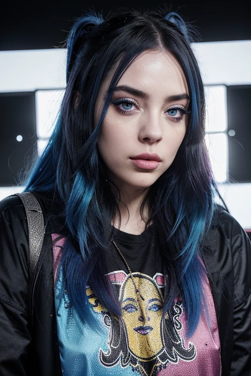 distinctive and expressive facial appearance. Her eyes, characterized by a captivating blue color, are often accentuated with bold makeup, including eyeliner and eyeshadow. Well-groomed eyebrows complement her overall aesthetic, and her lips, naturally full, showcase a penchant for vibrant and unconventional lip colors. With a fair complexion, Billie's facial features, including her nose and expressive mouth, contribute to her unique and dynamic stage presence. Known for her ever-evolving style, Billie Eilish's face reflects a blend of creativity and individuality, making her a notable figure in the world of music and fashion.