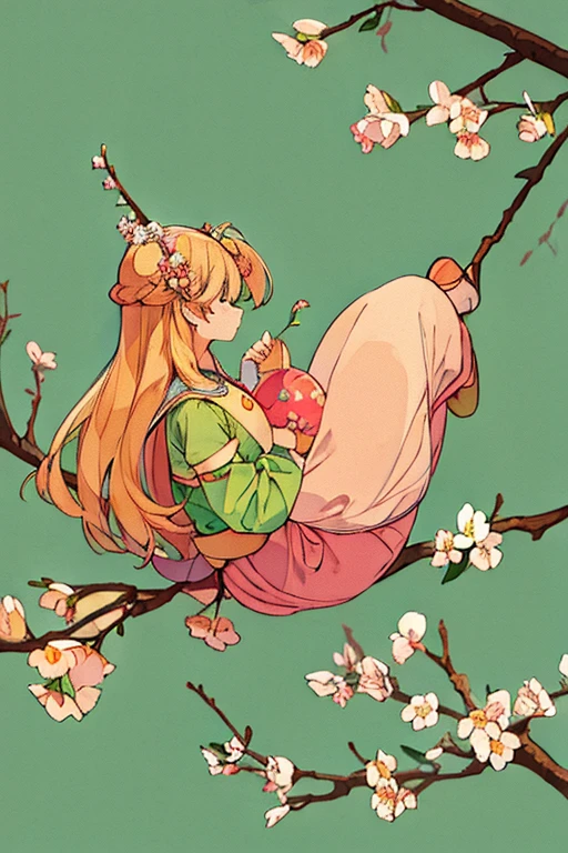 Illustrations about the beginning of spring,peach blossom,Green background,golondrinas,adolable,Willow branches