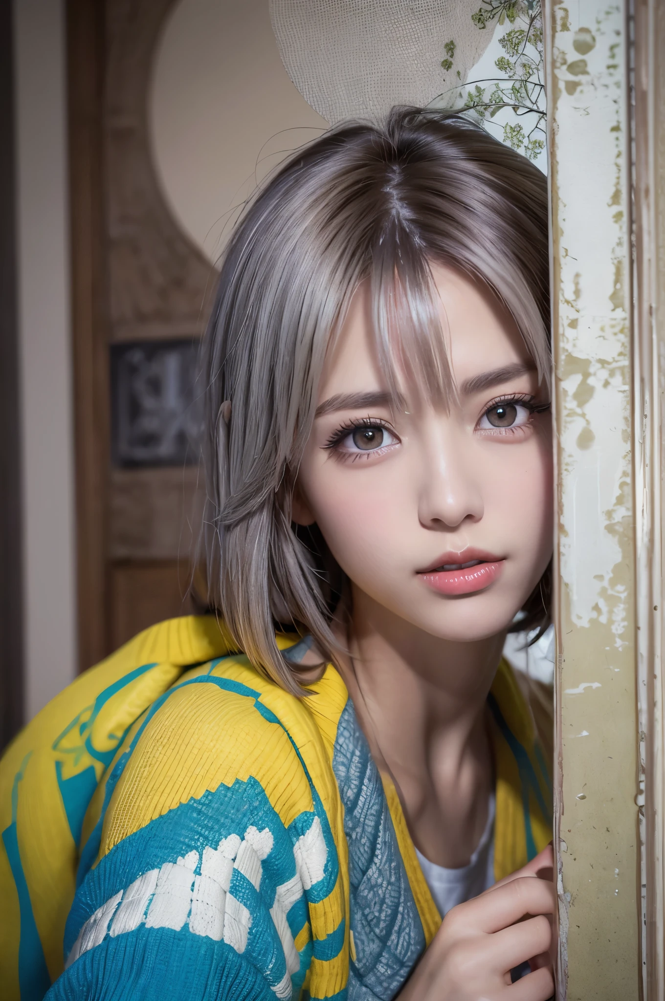 (8K, Photorealistic, Raw photo, of the highest quality: 1.3), (1girl in), Super beautiful, (Realistic face), (boyish, Silver Color Berry Shorthair), Beautiful , Glare that captivates the viewer, Beautiful expression, Beautiful breasts, (Realistic skin), Be...
