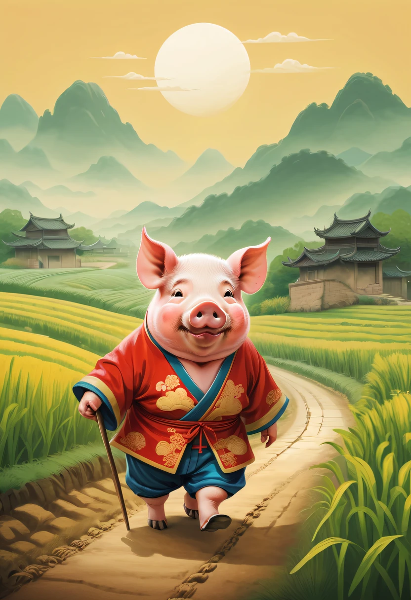 Farm life,Anthropomorphic pigs,ancient Chinese costume,Pigs working in the fields,Use the highest quality farm equipment possible, A high resolution, Focus sharp, vibrant with colors, gentlesoftlighting,Classical Chinese novels《Trip》Funny illustration of Chinese pig,Ink painting style,