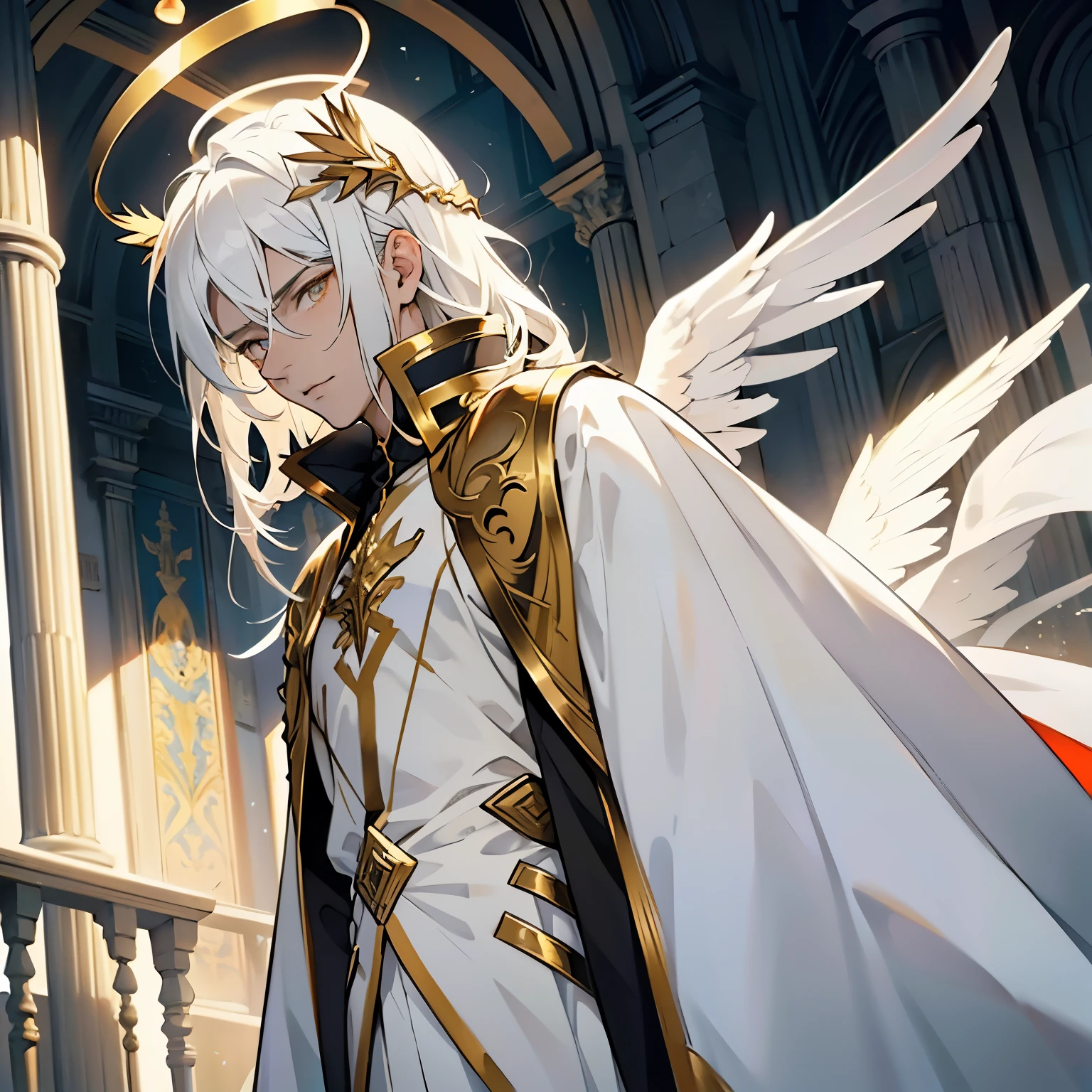 He is a Dominion Angel. He has pure white hair. His hair is moderate in length and very thick. He wears bells in his hair. He has orange eyes. He is tall. He has Large white wings with golden tips and a pair of small golden wings and white tips. His halo is an intense black, man