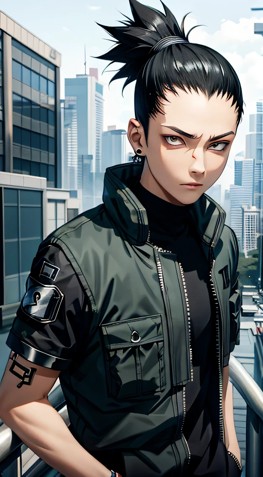 Masterpiece, 1boy, Superb Style, cyberpunk style, Streetwear clothes, Outdoor, Upper Body, Shikamaru nara, bright eyes, black hair, cool boy