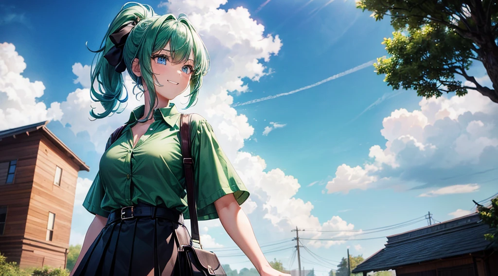 1girl, full body, solo, village, trees, sun, clouds, ((colorful hair)), ponytail, large breasts, button down shirt, ((green shirt)), ((unbuttoned shirt)), blue eyes, ((short sleeved shirt)), ((black skirt)), grin, looking at the viewer, ((standng)), hair ribbon, shoulder bag