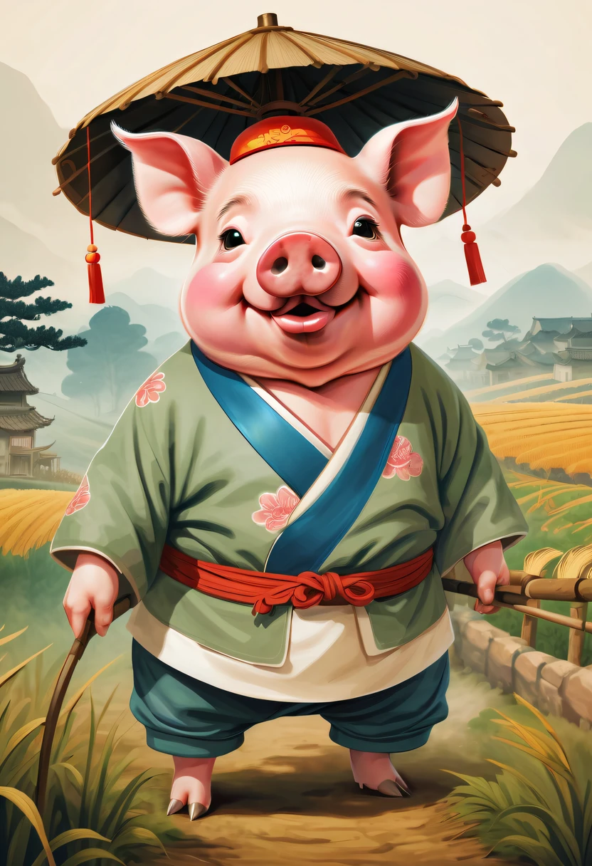 Farm life,Anthropomorphic pigs,ancient Chinese costume,Pigs working in the fields,Use the highest quality farm equipment possible, A high resolution, Focus sharp, vibrant with colors, gentlesoftlighting,Classical Chinese novels《Trip》Funny illustration of Chinese pig,Ink painting style,