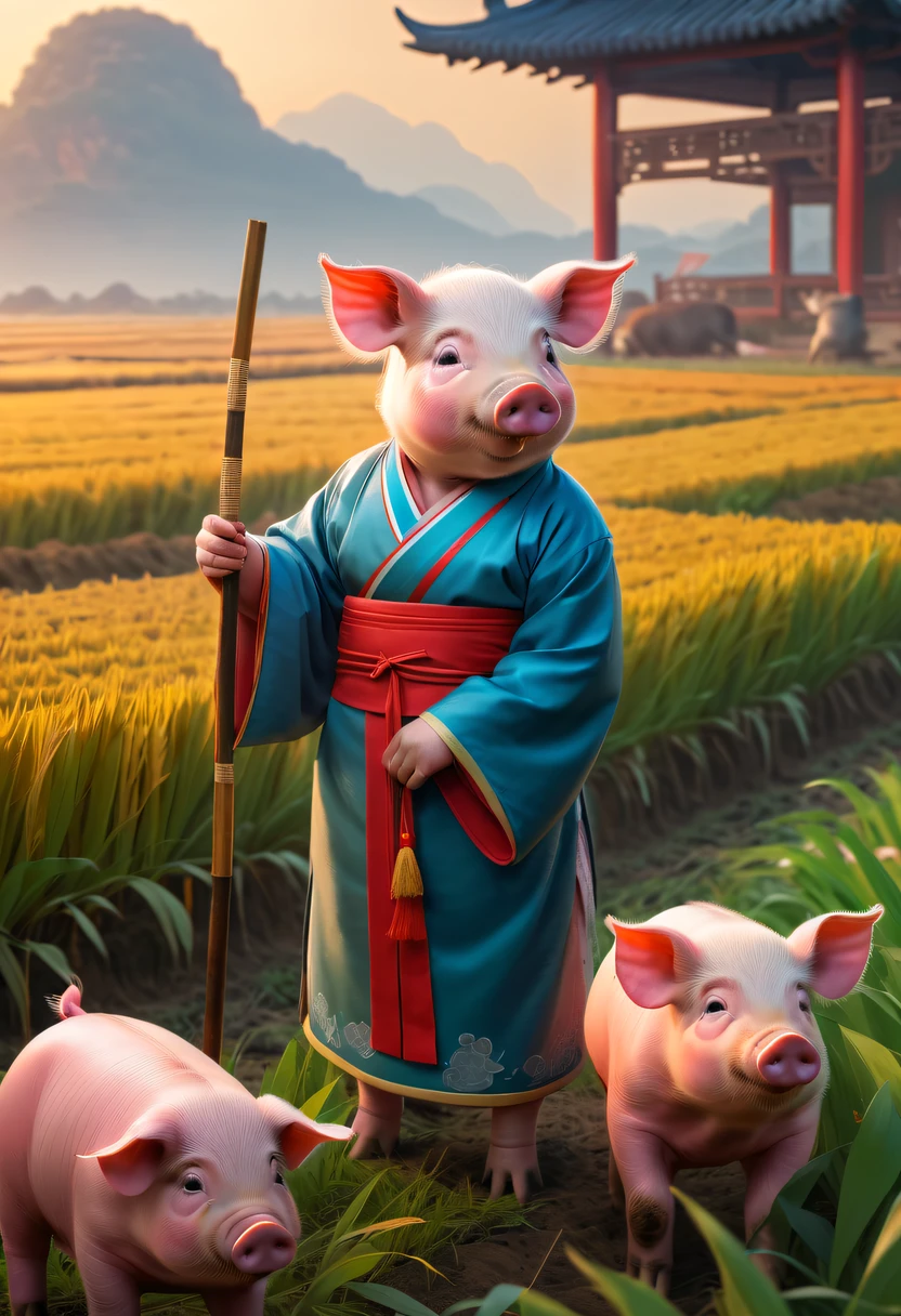 Best Picture Quality, 4K分辨率, A detailed illustration, vivd colour, gentlesoftlighting, Chinese classical novel illustrations, Modern pig wearing traditional Chinese clothing, Using farm tools in the field.