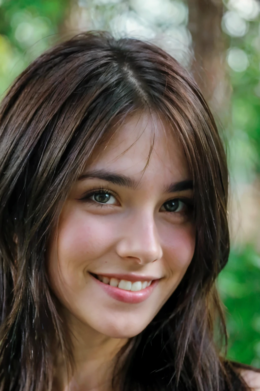 Beautiful brunette smiling, green eyes, long hair, front face