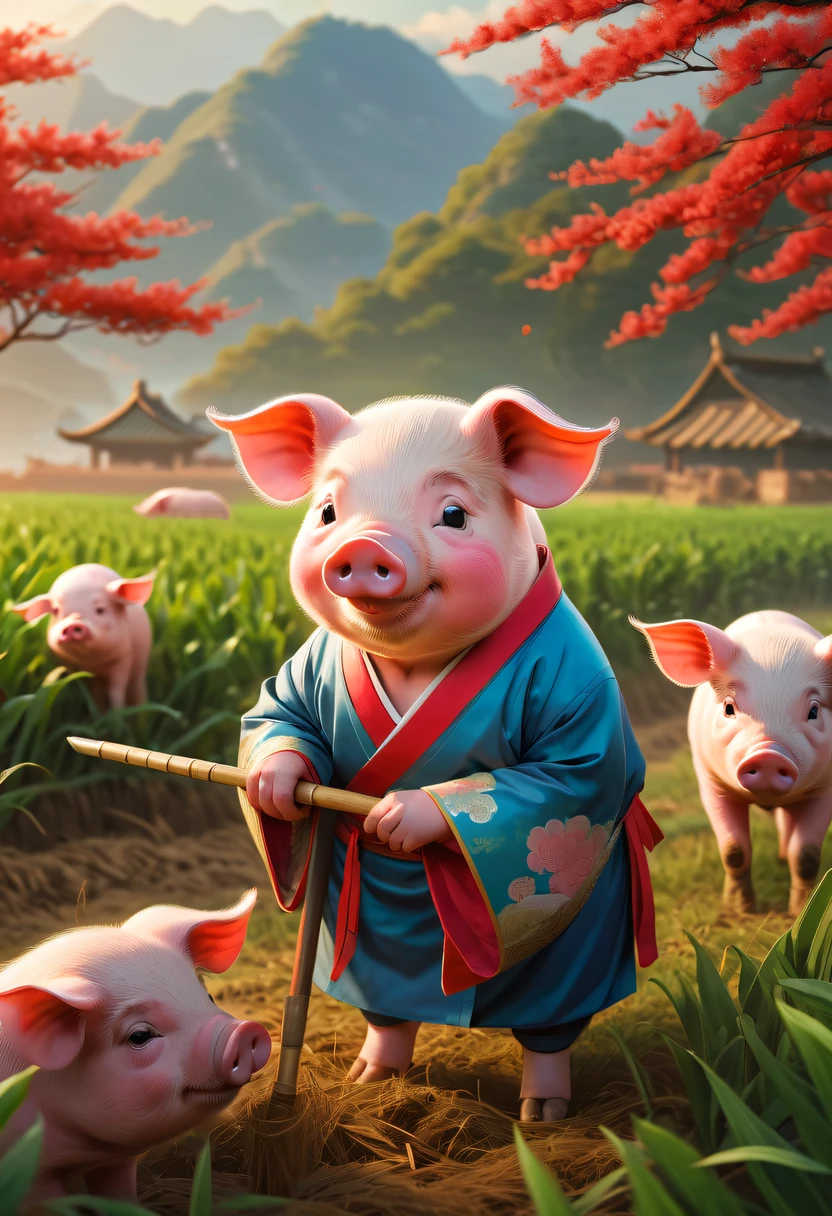 Best Picture Quality, 4K分辨率, A detailed illustration, vivd colour, gentlesoftlighting, Chinese classical novel illustrations, Modern pig wearing traditional Chinese clothing, Using farm tools in the field.