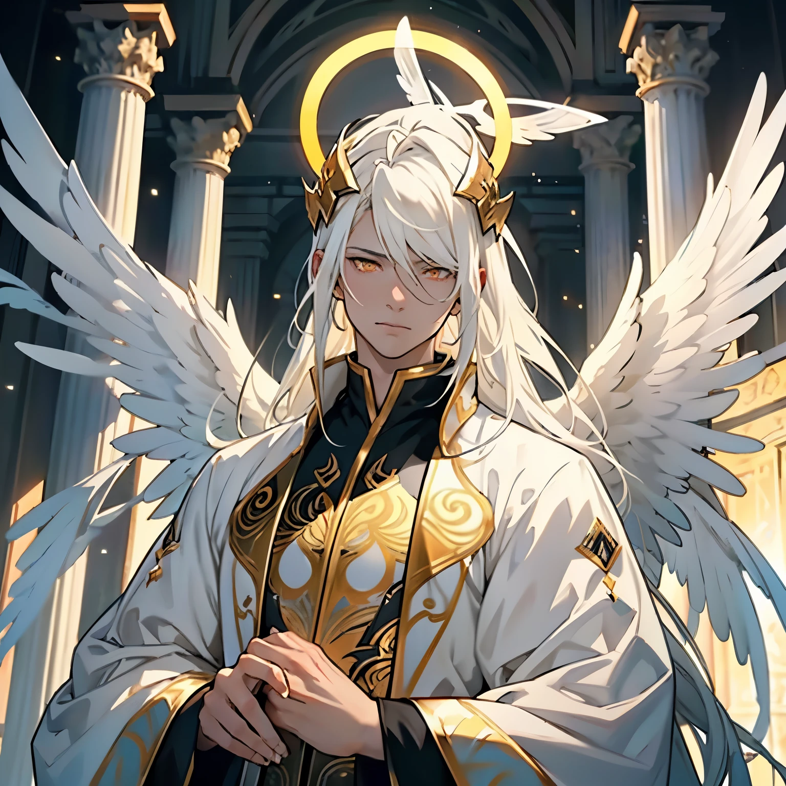 He is a Dominion Angel. He has pure white hair. His hair is moderate in length and very thick. He wears bells in his hair. He has orange eyes. He is tall. He has Large white wings with golden tips and a pair of small golden wings and white tips. His halo is an intense black, man