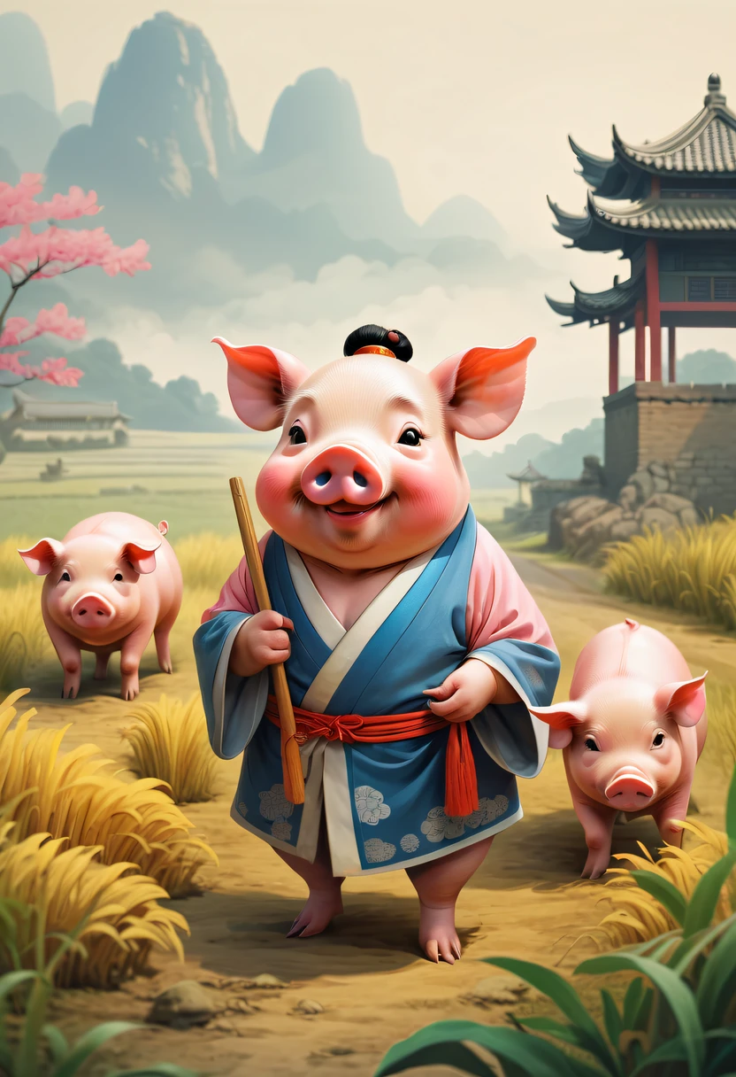 Farm life,Anthropomorphic pigs,ancient Chinese costume,Pigs working in the fields,Use the highest quality farm equipment possible, A high resolution, Focus sharp, vibrant with colors, gentlesoftlighting,Classical Chinese novels《Trip》Funny illustrations of Chinese people:Ink painting style,