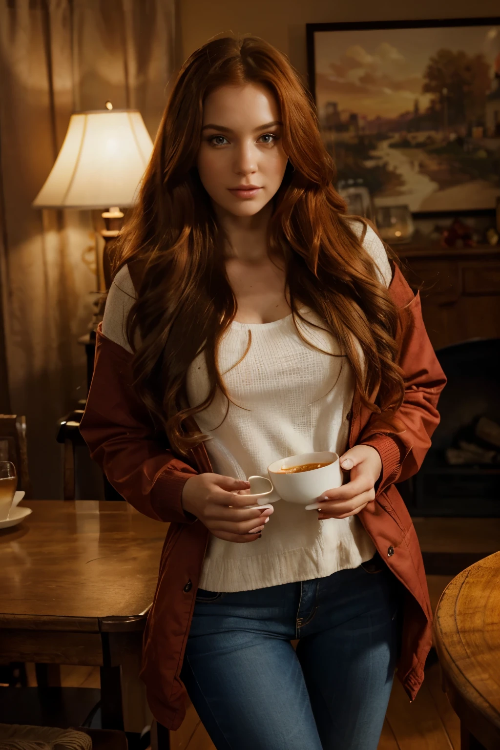 PPhotorealistic, phopto of sexy women,red long curly hair, , hazel eyes, huge eyelashes, higth heels, long legs wearing jeans,A beautiful European red hair woman stands in a darkened room, Her hazel eyes are big and heavy. She wears a winter jacket, partly burned. Expression of awe and excitement. She is holding a tea cup "A photorealistic portrait of a 35-year-old girl with long, flowing red hair and striking hazel eyes with Wearing red dress. She should have a natural, approachable expression and be illuminated by soft, golden-hour sunlight. The background should be a scenic outdoor setting, perhaps a sunlit beach. Capture this image with a high-resolution photograph using an 35mm lens for a flattering perspective."