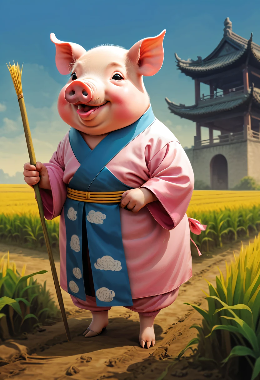 Farm life，Anthropomorphic pigs，ancient Chinese costume，Pigs working in the fields，Use the highest quality farm equipment possible, A high resolution, Focus sharp, vibrant with colors, gentlesoftlighting，Classical Chinese novels《Trip》Funny illustrations of Chinese people：Ink painting style，